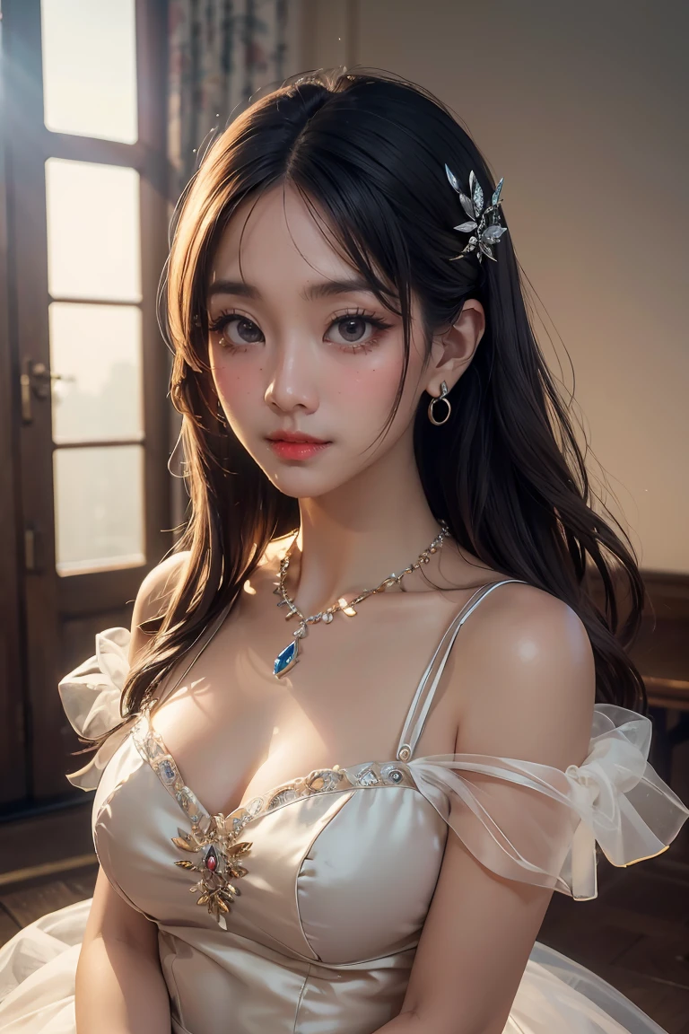 Best quality, masterpiece, high resolution, 1girl, clear silk porcelain dress, beautiful face, hair accessories, looking at the audience, smiling, close your mouth, lips, dress, hair accessories, necklaces, jewelry, long hair, earrings, beautiful face, on the body, Tindal effect, realism, dark studio, edge lighting, two-tone lighting, (high detail skin: 1.2), 8k UHD, DSLR, soft light, high quality, volumetric lighting, photo, high resolution 4K, 8k, blurred background