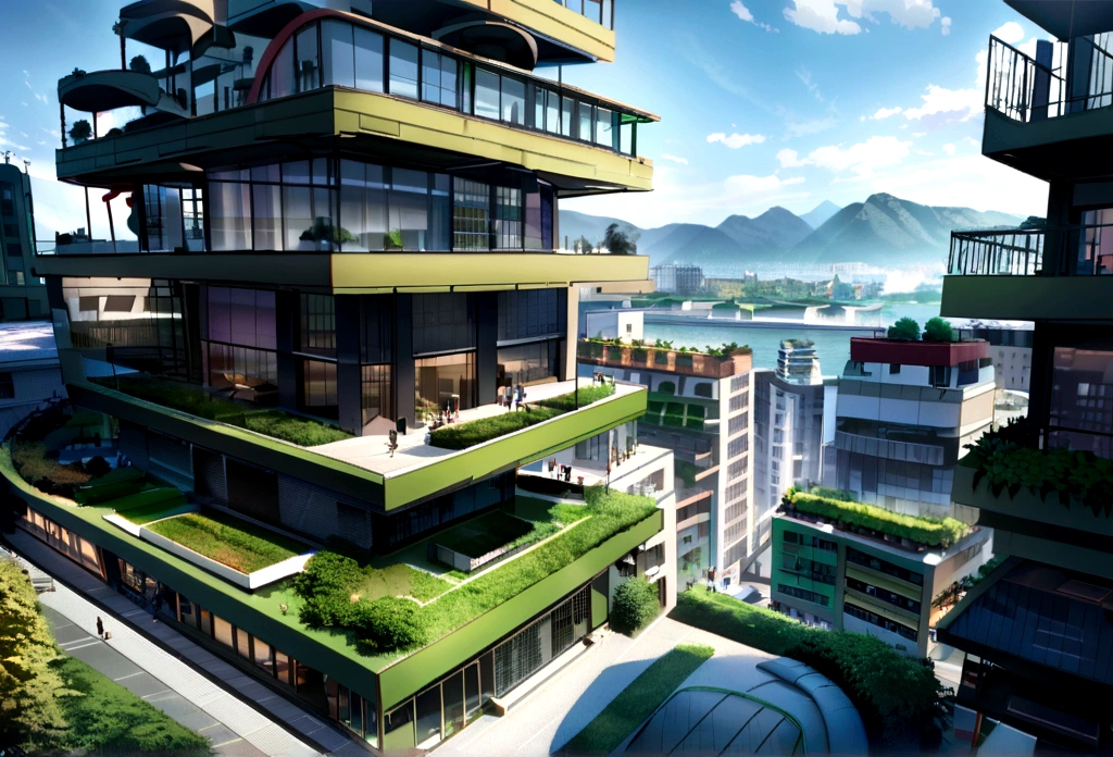 Architectural photography depicting utopian cityscapes, Nature blends seamlessly with the urban fabric. The image shows skyscrapers decorated with cascading vertical gardens, An oasis of refreshing relief amid the hustle and bustle. Rooftop park, Abundant green space, The winding waterways provide respite,and promotes community interaction. The city is bathed in softness, Diffused sunlight, creating a tranquil atmosphere. The background shows mountains in the distance, Elevate the natural beauty of the city. This photograph captures the harmonious coexistence of man-made buildings with the organic world, Provide a glimpse into the environmentally conscious future. photography of:Bjarke Ingels, An innovative Danish architect,Known for its sustainable and human-centered design