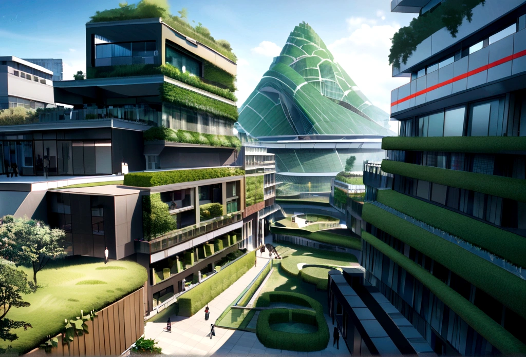 Architectural photography depicting utopian cityscapes, Nature blends seamlessly with the urban fabric. The image shows skyscrapers decorated with cascading vertical gardens, An oasis of refreshing relief amid the hustle and bustle. Rooftop park, Abundant green space, The winding waterways provide respite,and promotes community interaction. The city is bathed in softness, Diffused sunlight, creating a tranquil atmosphere. The background shows mountains in the distance, Elevate the natural beauty of the city. This photograph captures the harmonious coexistence of man-made buildings with the organic world, Provide a glimpse into the environmentally conscious future. photography of:Bjarke Ingels, An innovative Danish architect,Known for its sustainable and human-centered design