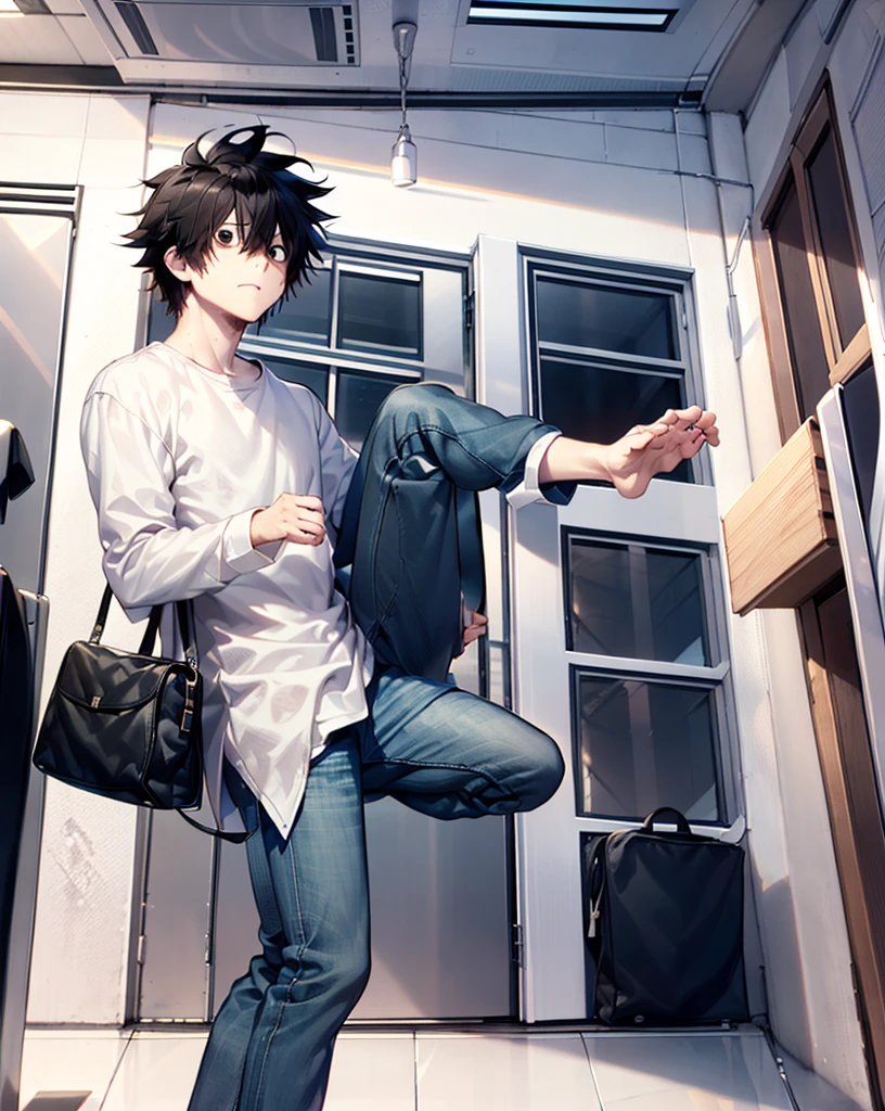 l lawliet, solo, looking at viewer, anime, spiked hair, black hair, 1boy, shirts, bags under eyes, long sleeved shirt, indoors, chrouched, pants, black eyes, male focus, white shirt,