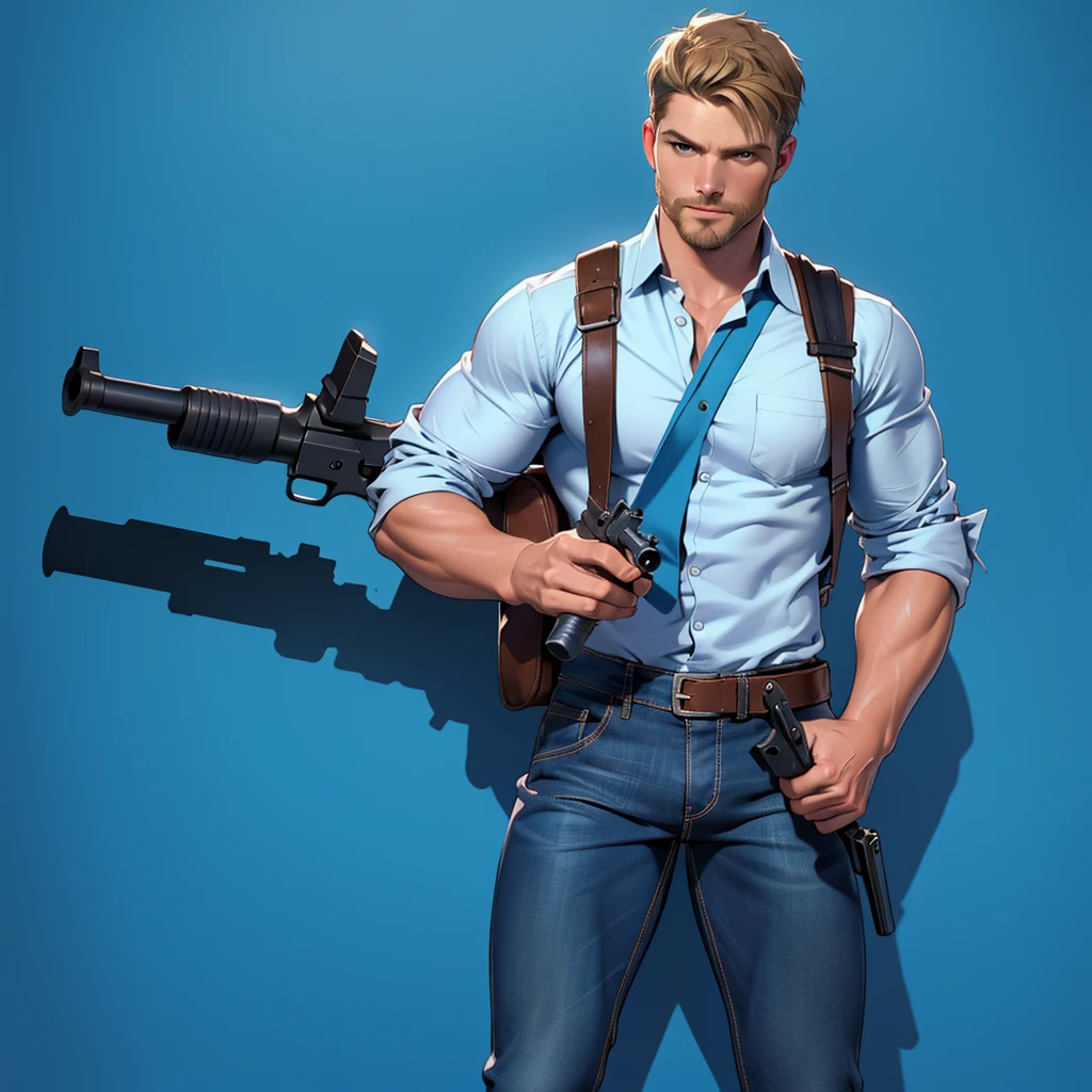 1 man, male focus solo, middle aged man,Stephen AMELL as private investigator, lean muscle,very light blue shirt, brown leather shoulder holster, faded vintage blue jeans with bulge, full body shot, dark blond short hair, facial hair, holding a gun with two hands, (gun:1.2), ultra high quality, masterpiece, low camera angle, intense splashed blue and white paint in the blackground