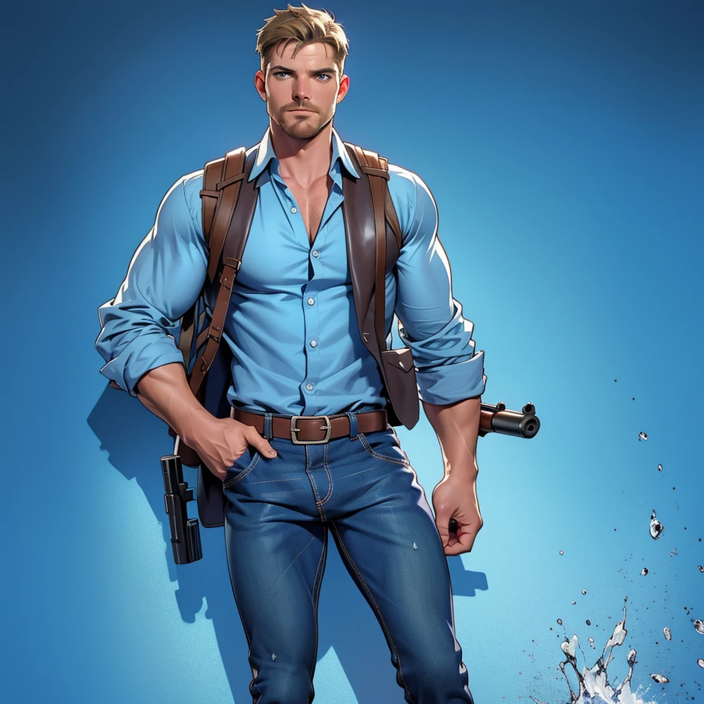 1 man, male focus solo, middle aged man,Stephen AMELL as private investigator,  lean muscle,very  light blue shirt, brown leather shoulder holster, faded vintage blue jeans with bulge, full body shot, dark blond  short hair, facial hair, holding a gun with two hands, (gun:1.2), ultra high quality, masterpiece, low camera angle, intense splashed blue and white paint in the blackground