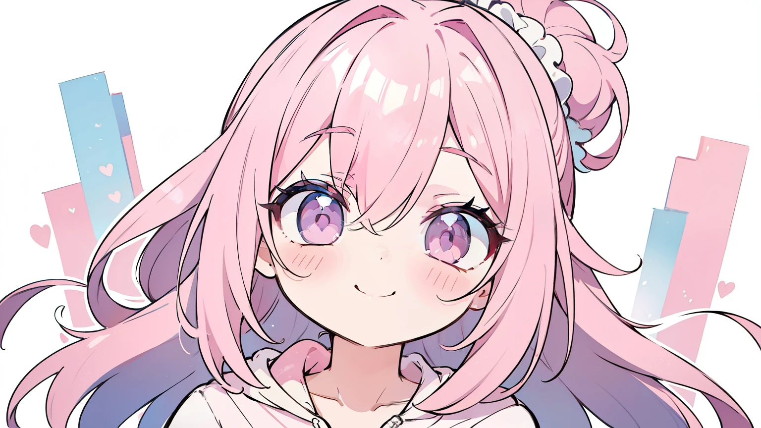 masterpiece, beautiful detailed, (wearing hoodie), pastel color, pink Eyes, pink hair, layered hair, 1girl, smile, medium breasts, hair scrunchie, (((bold outline))), limited palette