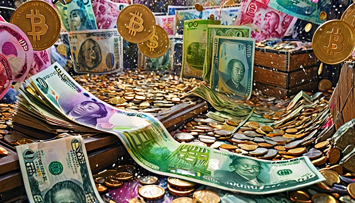 Landscape painting, location is Japan, scene with many bills falling from the sky, Japanese money, currency, coins, no people, only background, (centered, resized, rule of thirds, high resolution, sharp focus, (super detailed, very detailed), (photorealistic artwork:1.37), (highly detailed CG Unity 8k wallpaper), (((vibrant colors, vibrant theme))), (intricate), (masterpiece), (best quality), art photography, (sldr Photo by ), (intricate background)