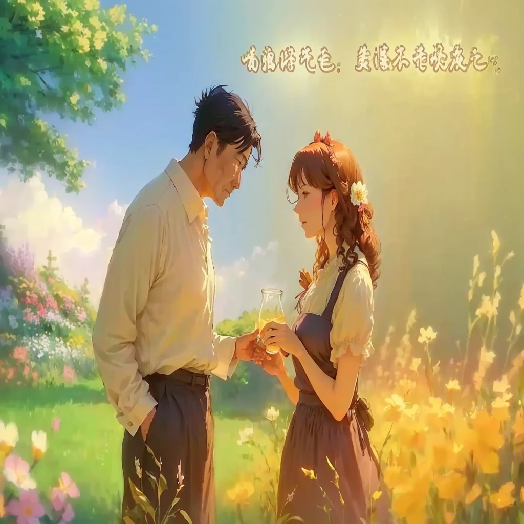 A pair of middle-aged anime characters in the flowers,The middle-aged woman on the right holds a glass jar,The middle-aged man on the left holds the woman's hand,And add a sentence, artwork in the style of Gu Weiss, Gu Weiss, ( ( Shinkai Makoto ) ), High-quality fanart, author:Yang J, Popular on cgstation, Official Fanart, by Zou Zhe, author:Ye Xin, Gu Weiss and Shinkai Makoto, author:Li Song,Clear profile