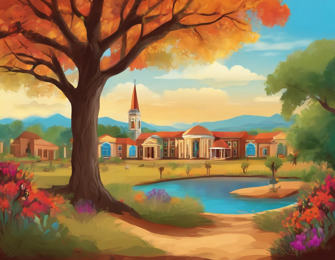 An illustration of African background setting with school, hospital, church, borehole, community squarr and colorful trees