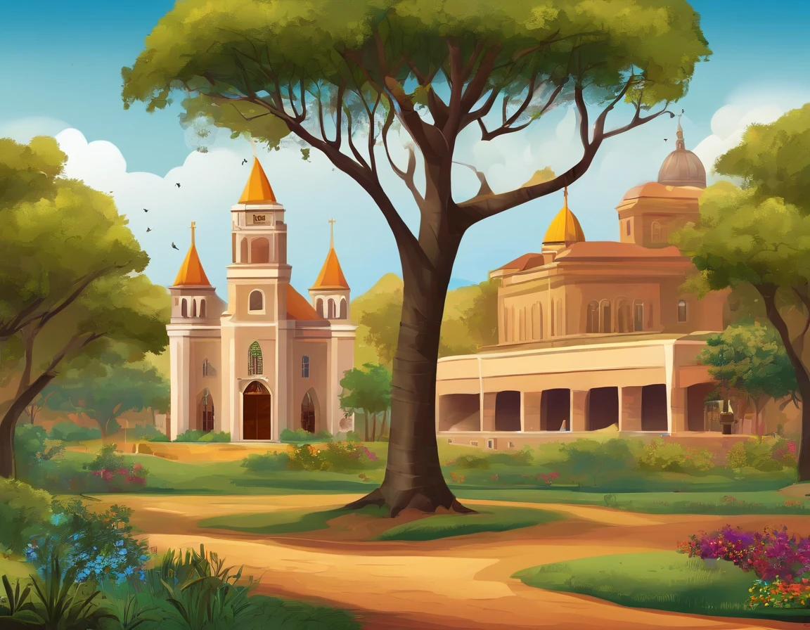 An illustration of African background setting with school, hospital, church, borehole, community squarr and colorful trees