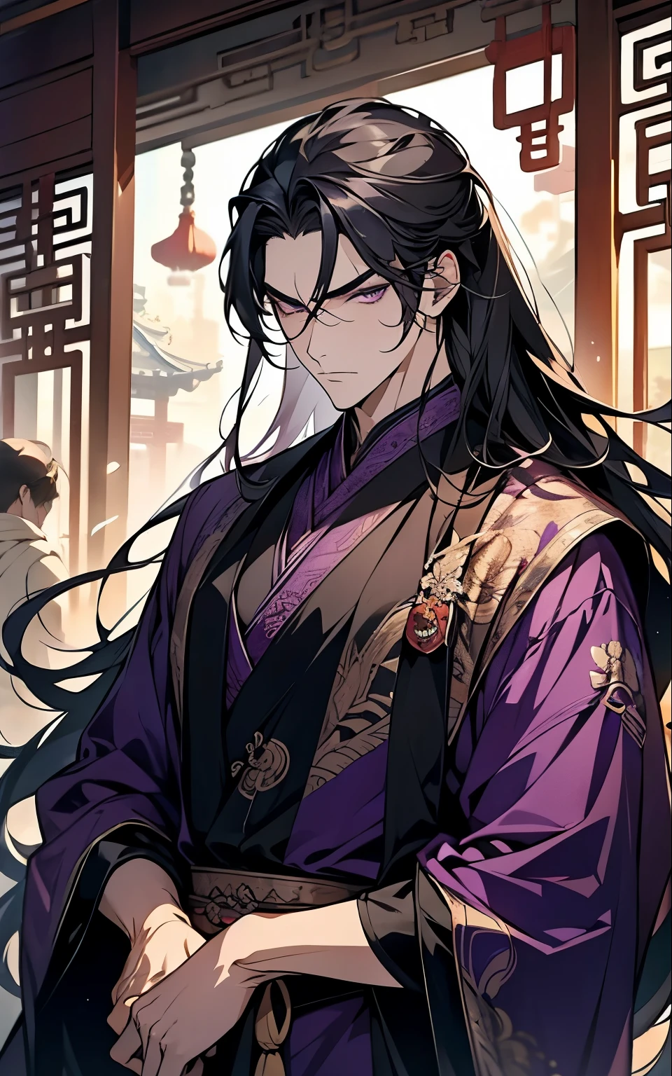 1 middle-aged man, (45 years old), long black hair, violet eyes, chinese clothes, (!PURPLE! clothes), available at purple chinese room, angry