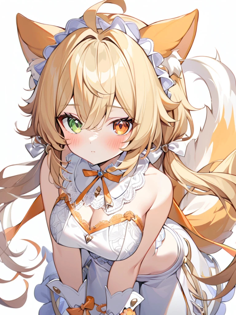 1girl, animal ears, bangs, bare shoulders, blonde hair, blush, bow, breasts, white cleavage, cropped torso, , green eyes, hair ribbon, heterochromia, stlooking at viewer, , orange bow, orange eyes, orange ribbon, ears like an unearthly animal, fluffy tail, light tail, real tail, ribbon, solo, stuffed animal, stuffed bunny, stuffed toy, twintails, upper body, full-length, white legbands, white shoes with lace and white bows, white background, wrist cuffs, yellow eyes, bloomers, close-up, fair skin frills, lace, midriff, skirt, solo, , white background,shorts, white top with ribbon and lace and trousers,trousers, genshin,white slippers with a bow,All clothes are white, laceAt full height, it stands, в полный рост