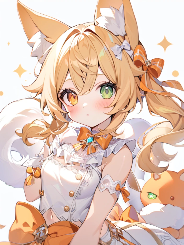 1girl, animal ears, bangs, bare shoulders, blonde hair, blush, bow, breasts, white cleavage, cropped torso, , green eyes, hair ribbon, heterochromia,  stlooking at viewer, , orange bow, orange eyes, orange ribbon, ears like an unearthly animal, fluffy tail, light tail, real tail, ribbon, solo, stuffed animal, stuffed bunny, stuffed toy, twintails, upper body, full-length, white legbands, white shoes with lace and white bows, white background, wrist cuffs, yellow eyes, bloomers, close-up, fair skin frills, lace, midriff, skirt, solo, , white background,shorts, white top with ribbon and lace and trousers,trousers, genshin,white slippers with a bow,All clothes are white, laceAt full height, it stands, в полный рост