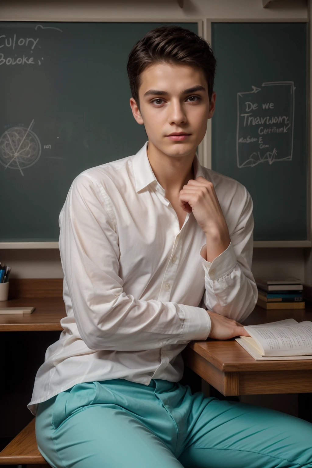 A beautiful young male twink, cute, with black hair and a face with make-up, wearing a long-sleeved white shirt and aqua blue pants, and he is in his office, and behind him is a blackboard on which is written the shape of the brain and its anatomy, and nuclear energy comes out of it, and he has a face with make-up and his eyes.  Underneath are dark circles while he is sitting, and he appears innocent and has a beautiful face with make-up, while he is sitting at a luxurious desk with books, and neon energy comes out of it.