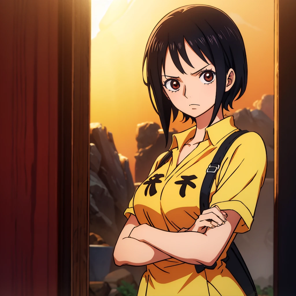 Anime Girl One Piece Short Wavy Black Hair Brown Eyes Wearing Journalist Uniform Warm Lighting Afternoon High Quality Hd Land of Wano Art Style