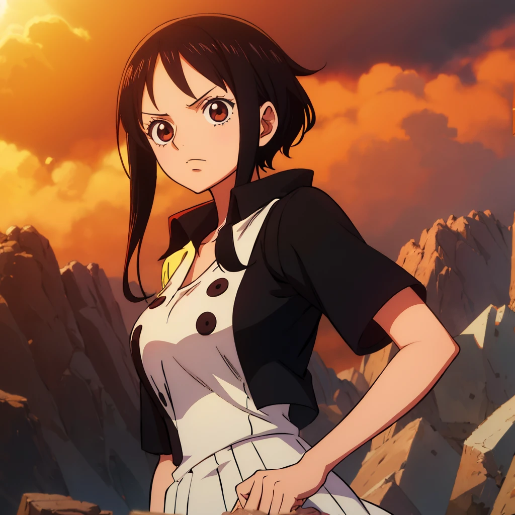 Anime Girl One Piece Short Wavy Black Hair Brown Eyes Wearing Journalist Uniform Warm Lighting Afternoon High Quality Hd Land of Wano Art Style