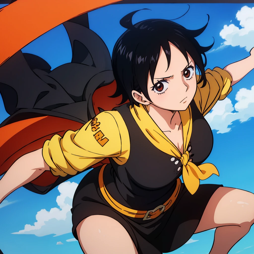 Anime Girl One Piece Short Wavy Black Hair Brown Eyes Wearing Journalist Uniform Warm Lighting Afternoon High Quality Hd Land of Wano Art Style 