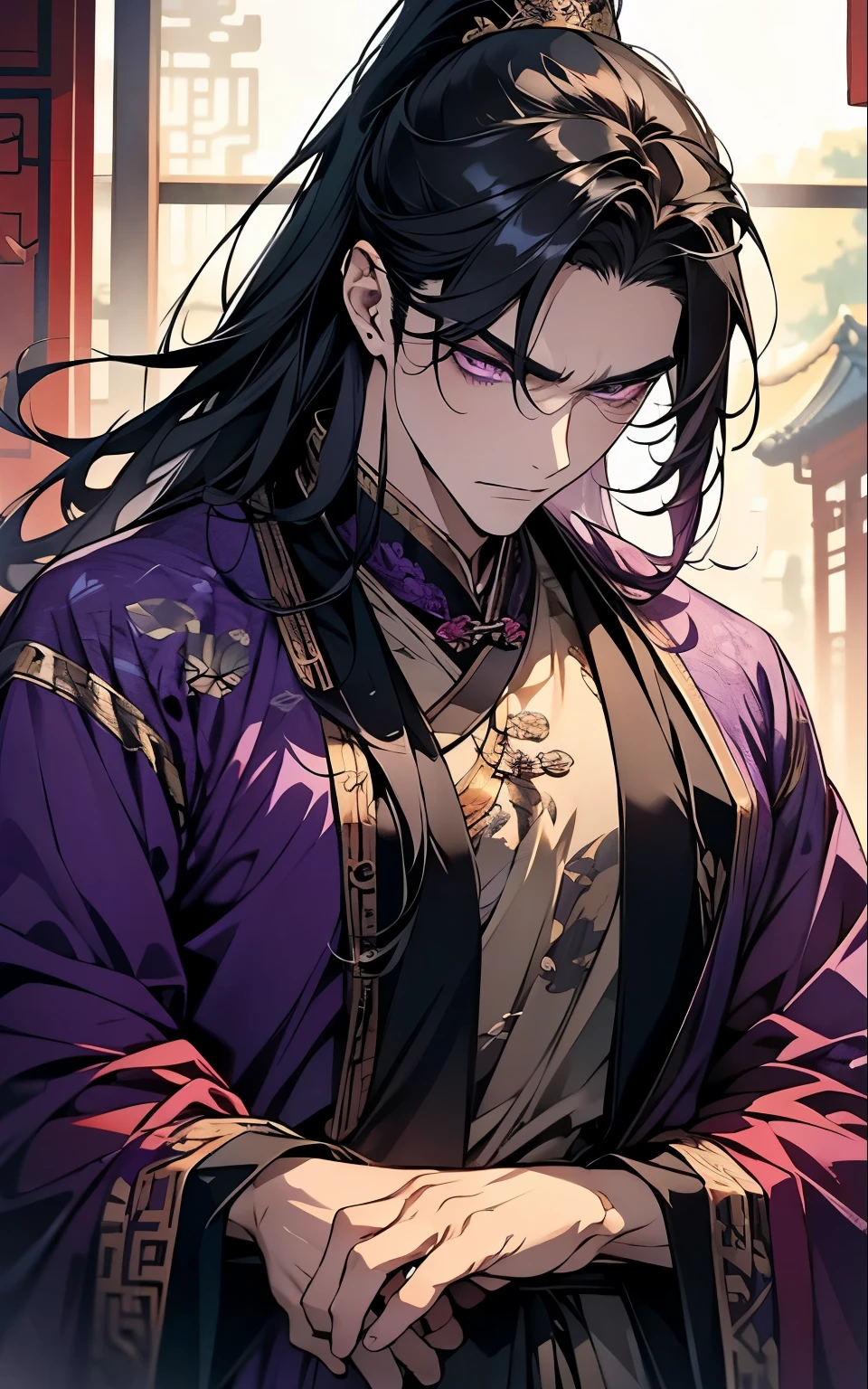 1 middle-aged man, (45 years old), long black hair, violet eyes, chinese clothes, (!PURPLE! clothes), available at purple chinese room, angry