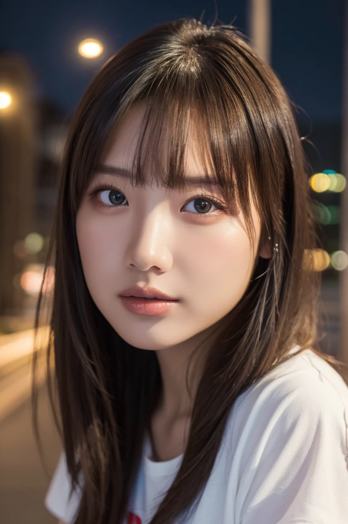 (Highest quality, High resolution, masterpiece :1.3), Beautiful woman, Slim figure, Dark brown hair, T-Shirts, (Night city street), Highly detailed face and skin texture, Fine grain, double eyelid