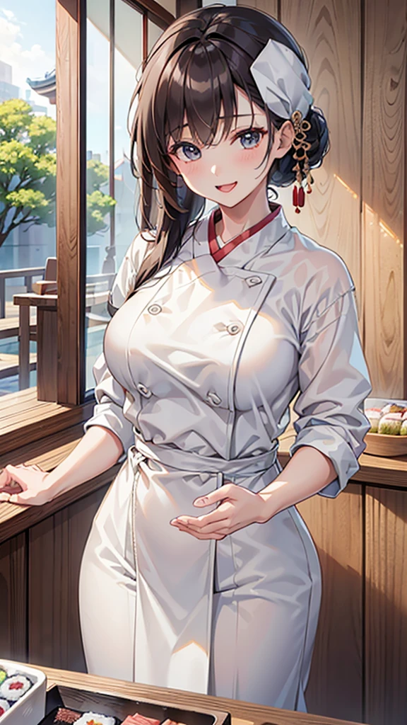 (Best quality, 8k, 32k, Masterpiece, UHD:1.2), (realistic:1.5), (masterpiece, Extremely detailed CG unity 8k wallpaper, best quality, highres:1.2), (ultra detailed, UHD:1.2), (cowboy shot:1.3), (anime style illustration:1.3), (seductive anime waifu:1.3), (ultra-detailed:1.3), (hyper-sharp:1.3), (insanely detailed:1.3),
BREAK,
(1girl:1.3, solo), (Sushi-Chef:1.3), single Chignon hair style, mahogany hair, attractive look, (Korean actress face:1.3), (Japanese idol face:1.3), pretty face, cute,
BREAK,
(white Japanese Chef clothes:1.3), (Chef clothes:1.3),
BREAK
(cooking in the kitchen:1.3), (cooking the sushi:1.3), (at Japanese Sushi restaurant:1.3), (in the kitchen counter:1.3), indoor, cinematic light, cute, happy, seductive smile, :d, ;p, attractive emotion,
BREAK, best ratio four finger and one thumb, perfect anatomy, perfect proportion,
