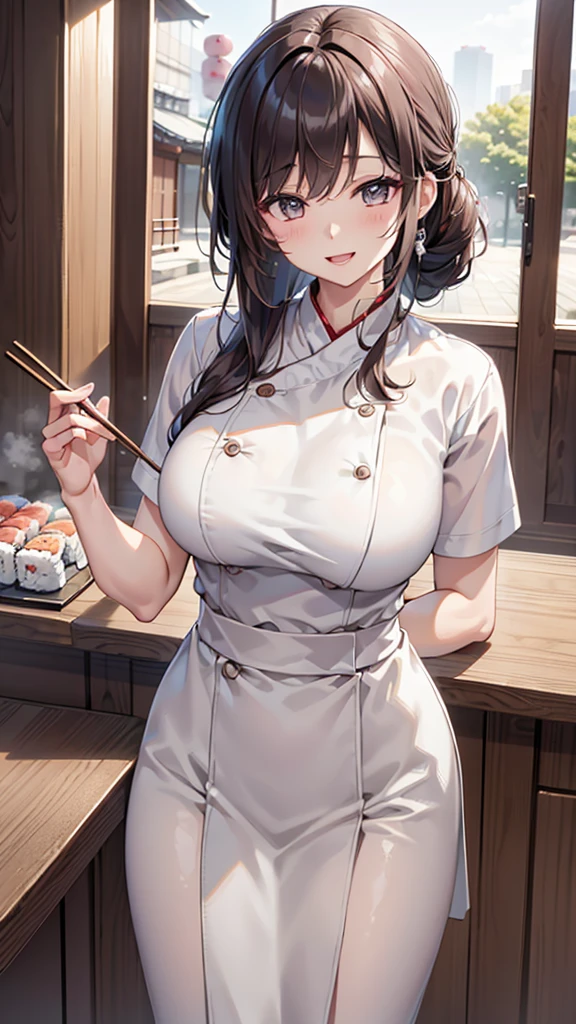 (Best quality, 8k, 32k, Masterpiece, UHD:1.2), (realistic:1.5), (masterpiece, Extremely detailed CG unity 8k wallpaper, best quality, highres:1.2), (ultra detailed, UHD:1.2), (cowboy shot:1.3), (anime style illustration:1.3), (seductive anime waifu:1.3), (ultra-detailed:1.3), (hyper-sharp:1.3), (insanely detailed:1.3),
BREAK,
(1girl:1.3, solo), (Sushi-Chef:1.3), single Chignon hair style, mahogany hair, attractive look, (Korean actress face:1.3), (Japanese idol face:1.3), pretty face, cute,
BREAK,
(white Japanese Chef clothes:1.3), (Chef clothes:1.3),
BREAK
(cooking in the kitchen:1.3), (cooking the sushi:1.3), (at Japanese Sushi restaurant:1.3), (in the kitchen counter:1.3), indoor, cinematic light, cute, happy, seductive smile, :d, ;p, attractive emotion,
BREAK, best ratio four finger and one thumb, perfect anatomy, perfect proportion,