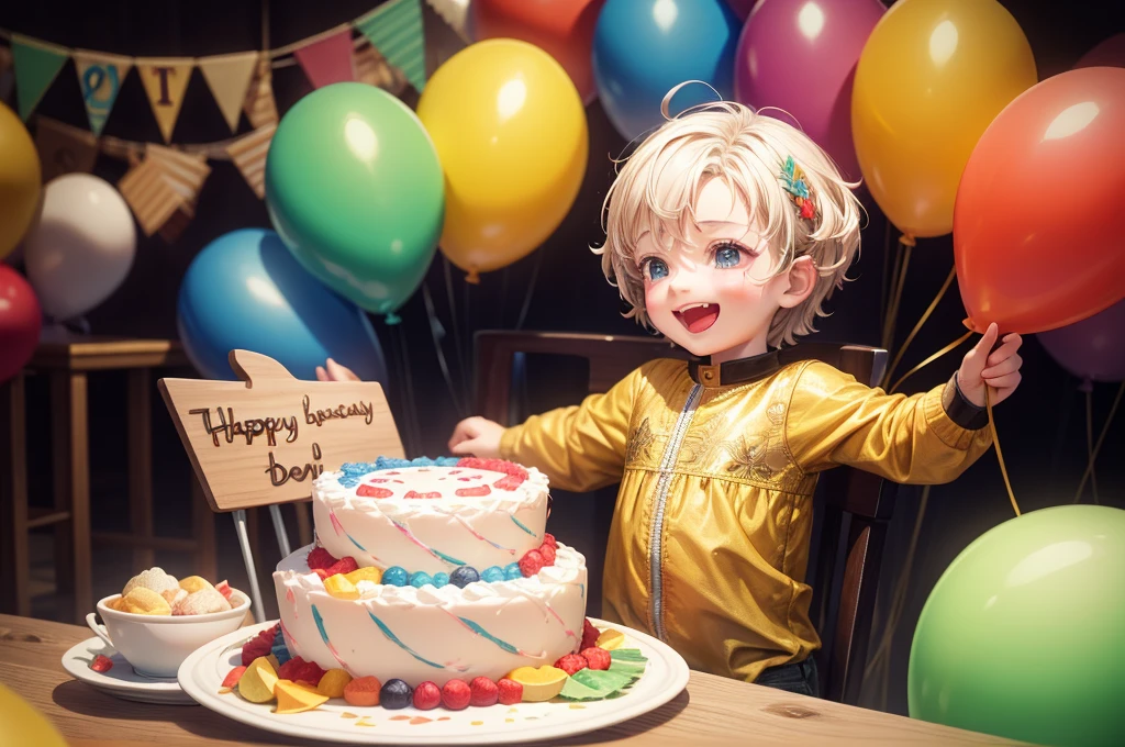 Description of a photo of a boy child celebrating his second birthday, Imagine a bright morning filled with joy and cheer, You find yourself in a beautiful garden decorated with colorful balloons and bright decorations, You see a beautifully decorated table filled with colorful cakes and sweets, see the little boy celebrating his second birthday, Dressed in a colorful and cheerful outfit, the baby looks happy and excited for this special occasion, You watch the child laugh and enjoy having friends and family around, He sits on a small chair and tries to blow out the candles on a delicious birthday cake, He wishes the child with all strength and happiness and everyone starts clapping and cheering full of joy, You feel so warm and happy watching this special moment, You see other children playing, laughing and enjoying toys and gifts, Laughter and joy fill the air, and you feel the happiness and joy of this little boy who is celebrating his second birthday, This is a photo of a child celebrating his second birthday, surrounded by friends, family and joy, The  feels happy and joyful and enjoys gifts, sweets and special moments, ((the color of the cake is green)), (the  has a beige skin color), ((black eyes)), (2 years old), (2nd birthday party), balloon number 2, ((child boy)), ((baby boy)), 8k, high quilty, realistic, beautiful realistic, Cool details, raw photo, realistic clothing, realistic hair, Light and cool lighting, photo realistic, Cel shaded, Gel lighting, ultra details, realistic eyes