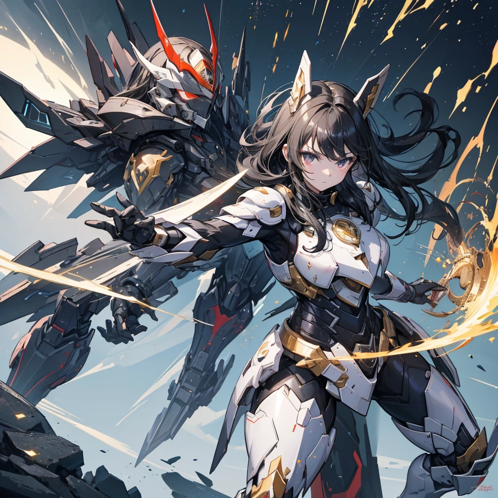 Highest quality,masterpiece,Girl,Black Hair,Long Hair,black eye,Light Particles,Diffused light,powered armor, full armor, powered leg, sentai hero battle armor