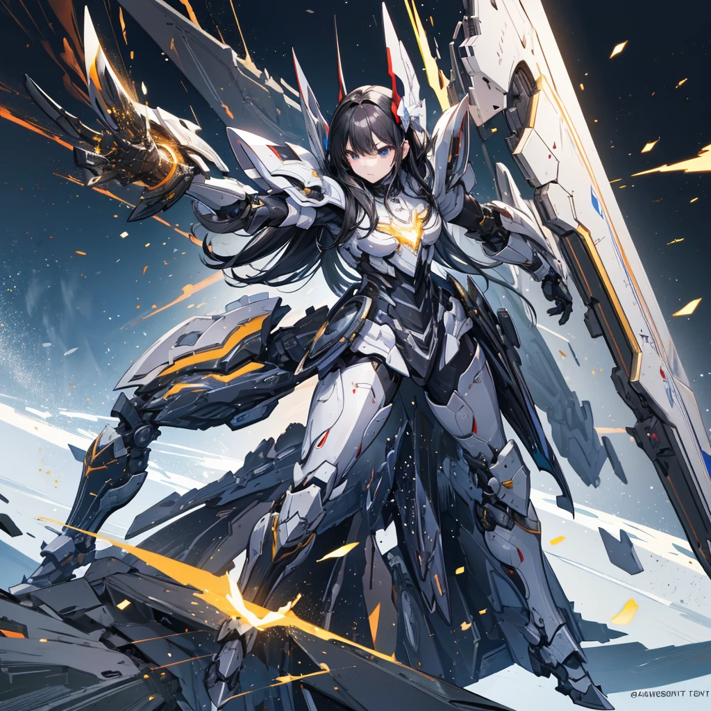 Highest quality,masterpiece,Girl,Black Hair,Long Hair,black eye,Light Particles,Diffused light,powered armor, full armor, powered leg, sentai hero battle armor