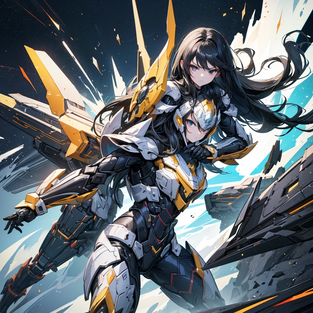 Highest quality,masterpiece,Girl,Black Hair,Long Hair,black eye,Light Particles,Diffused light,powered armor, full armor, powered leg, sentai hero battle armor