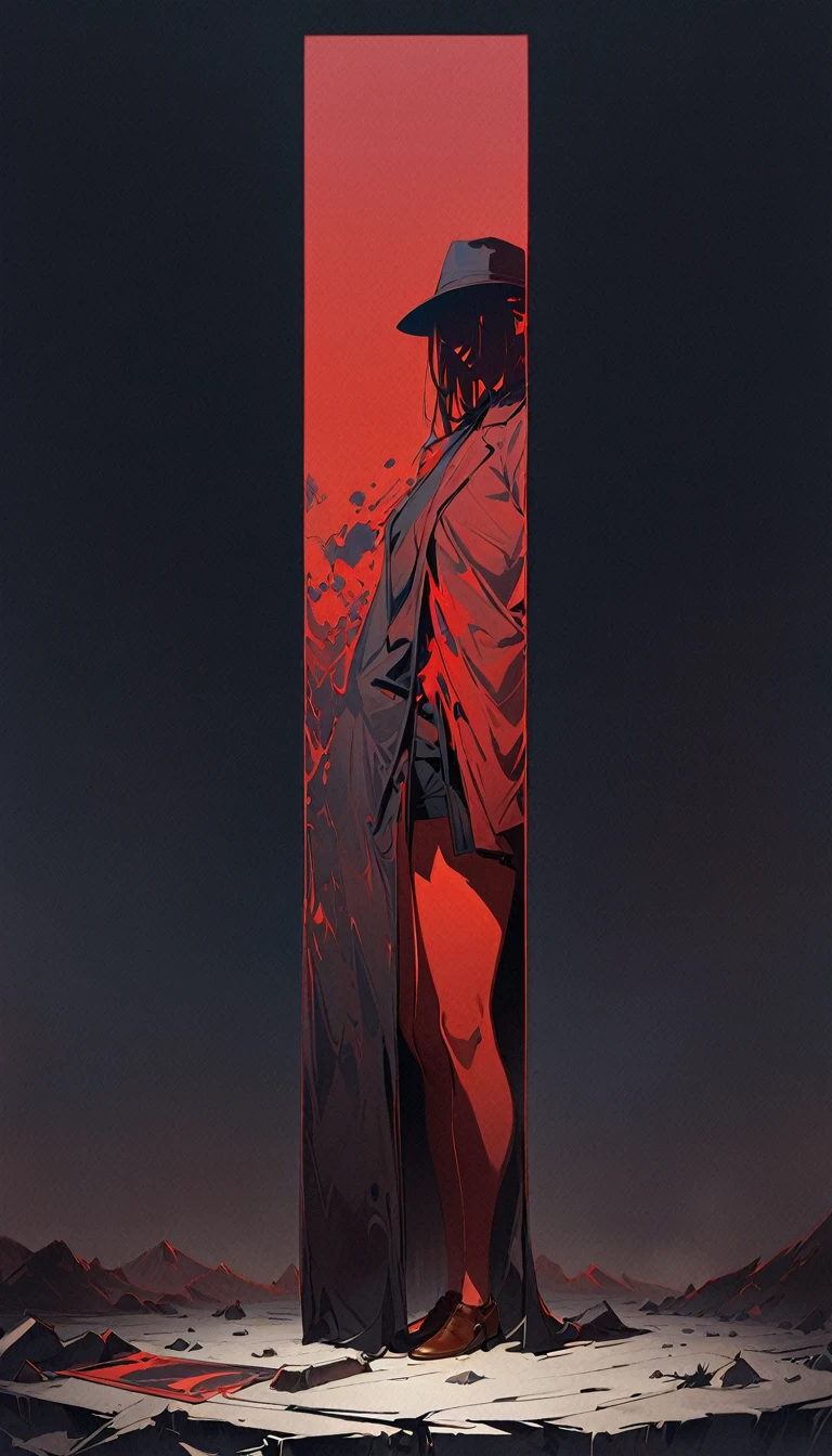quality\(masterpiece, best quality,8K,非常に精細なCGユニットのwallpaper,High resolution,top-quality,top-quality real texture skin,Surreal,Increase the resolution,RAW Photos,最高quality,Very detailed,wallpaper\), break, darknessの住人, black leather trench coat, Black trench coat, fedora, Tall Man, Black world, Red Shadow, 漆黒のdarkness, darkness, Standing with your legs apart, Long Shot, Full body angle, Cinematic angle, Artistic Posters