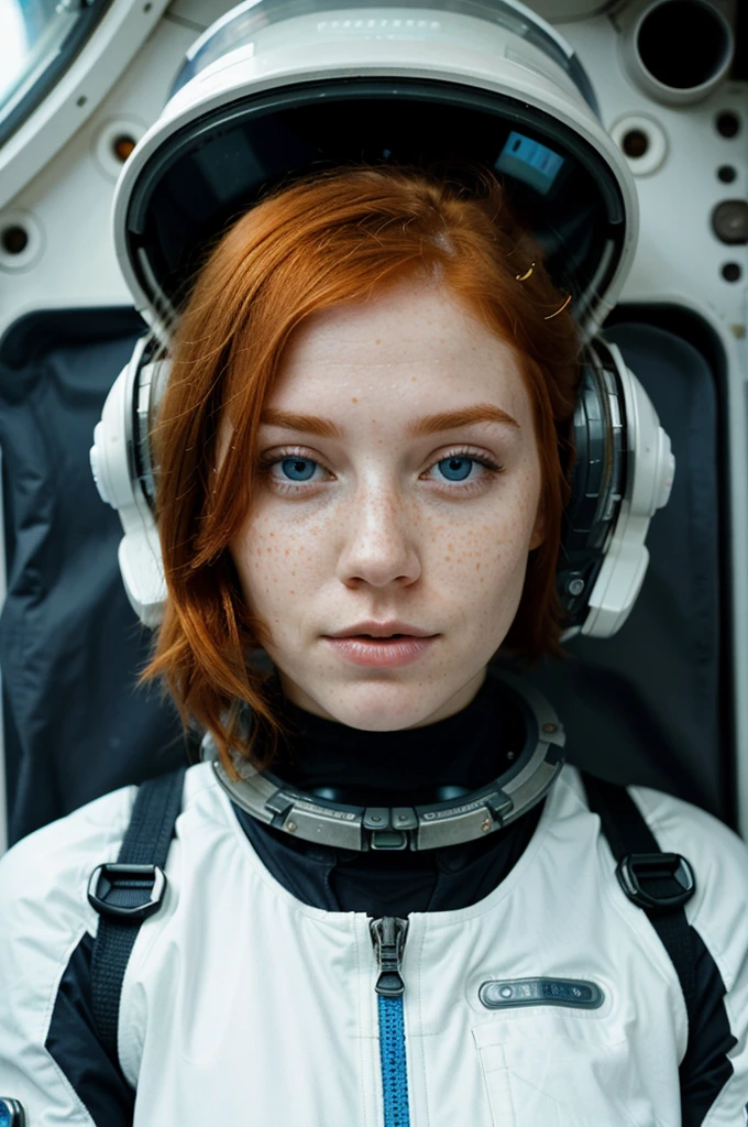 photo of a ginger woman, freckles, in space, futuristic space suit, (freckles:0.8) cute face, sci-fi, dystopian, detailed eyes, blue eyes