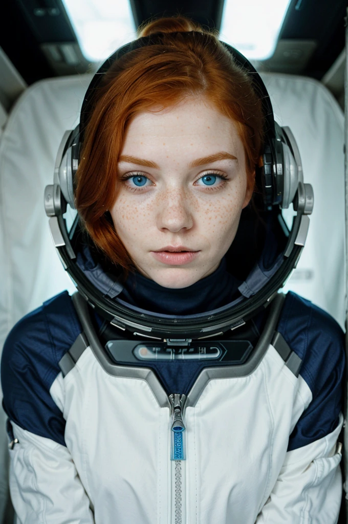 photo of a ginger woman, freckles, in space, futuristic space suit, (freckles:0.8) cute face, sci-fi, dystopian, detailed eyes, blue eyes