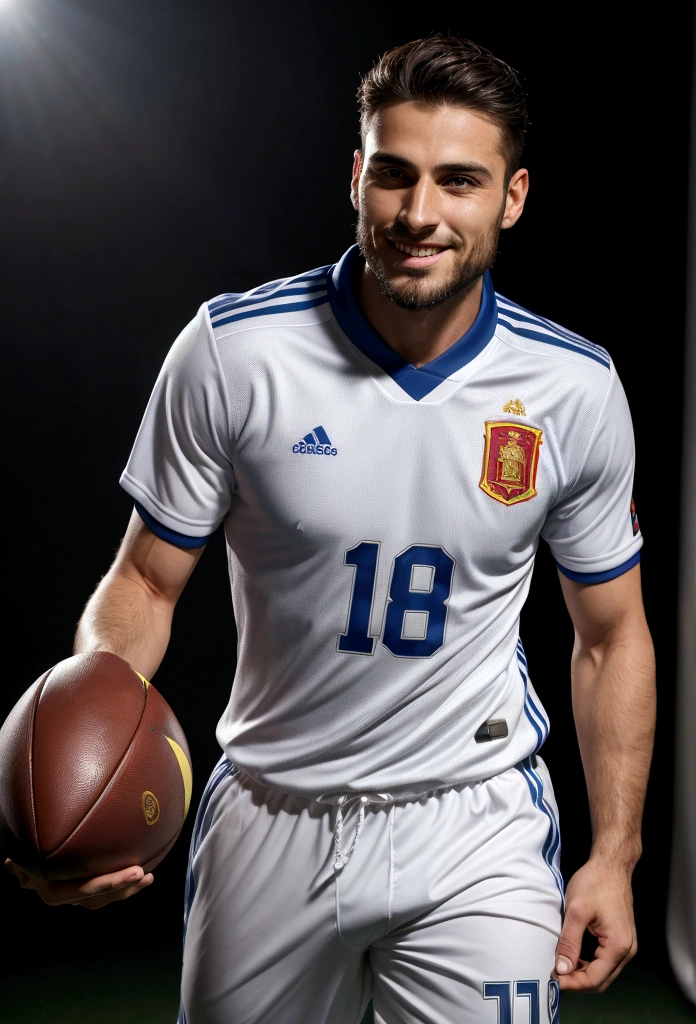 Best quality,ultra detailed,realist:1.37,Handsome man from Spain,Beautiful face,detailed eyes,strong jawline,unshaven,nice smile,elegant hair,shave,safe posture,gentleman,Breathtaking view,In a good condition,professional,model appearance,bright colors,studio lighting,warm colors,Half:portrait、Spain national football team jersey、30 year old man, Best quality, masterpiece, super high resolution, detailed background, Realism, 1 guy, soccer field, Muscles, volumetric lighting, depth of field, whole body, facial hair, football player, scores a goal