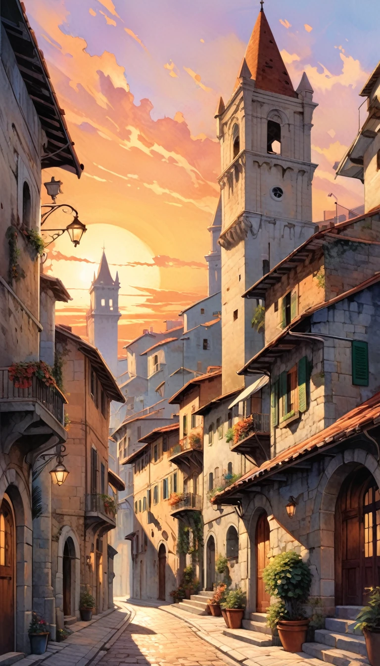 street of a classic Italian stone town: 1.5, sunrise, great detail of buildings, towers,  (art inspired by Bill Sienkiewicz). oil painting)
