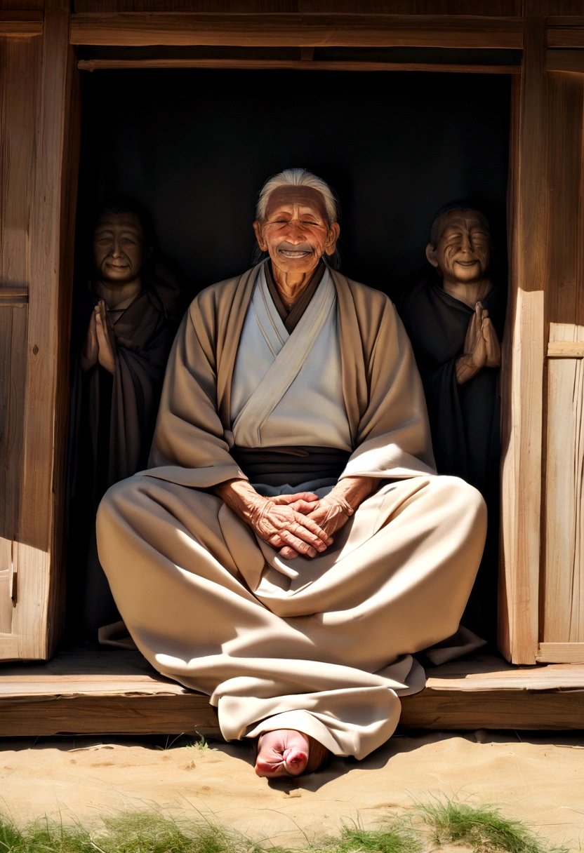 Depicting the Buddha's unwavering determination and hard work, Demonstrating his resilience when faced with difficulties on his spiritual journey, A man around 90 years old, Vulture Zen Master, Lying on your back and meditating、smile, Ultra-sharp focus,Sitting on a hill,frontage, Photo Real, Men's clothing in the Middle Ages, Tetrahedron Color (scar:1,4),I fasted for a month,Skinny,I'm about to die、Extremely skinny,Too skinny,I can see the bones,ミイラとなってGuts poseをする,Guts pose,Victory pose