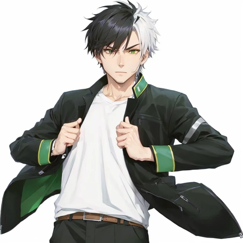 a man in a black jacket and white shirt holding a green jacket, with index finger, male anime character, official character art, anime vtuber full body model