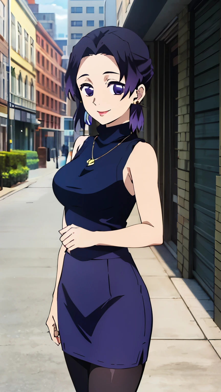 (Top Quality, 8K, High Resolution, Masterpiece: 1.2), Anime, Shinobu Kocho, 1 Girl,solo, Perfect Face, Perfect Eyes, Soft Expression, Medium Breasts, Purple Hair, Short Hair,large butterfly hair clip, Pretty Parted bangs, purple eyes, narrow eyes, ((Dark blue turtleneck sleeveless sweater, pencil skirt, city street, necklace, earrings, knee-high stockings, smile, cowboy shot)), viewer appreciation,
