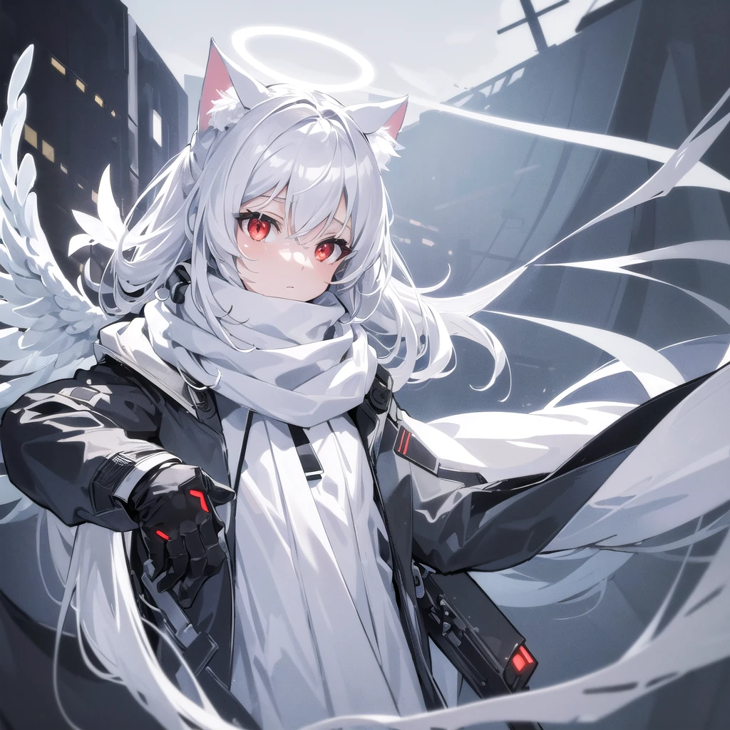 masterpiece, highest quality, highest resolution, clear_image, detailed details, White hair, long hair, cat ears, 1 girl, red eyes, white pantyhose, sci-fi military clothing, white scarf (white scarf around the neck with a light blue glow), gray futuristic halo (gray halo over the head), white wings, cute, no water marks, outer spac