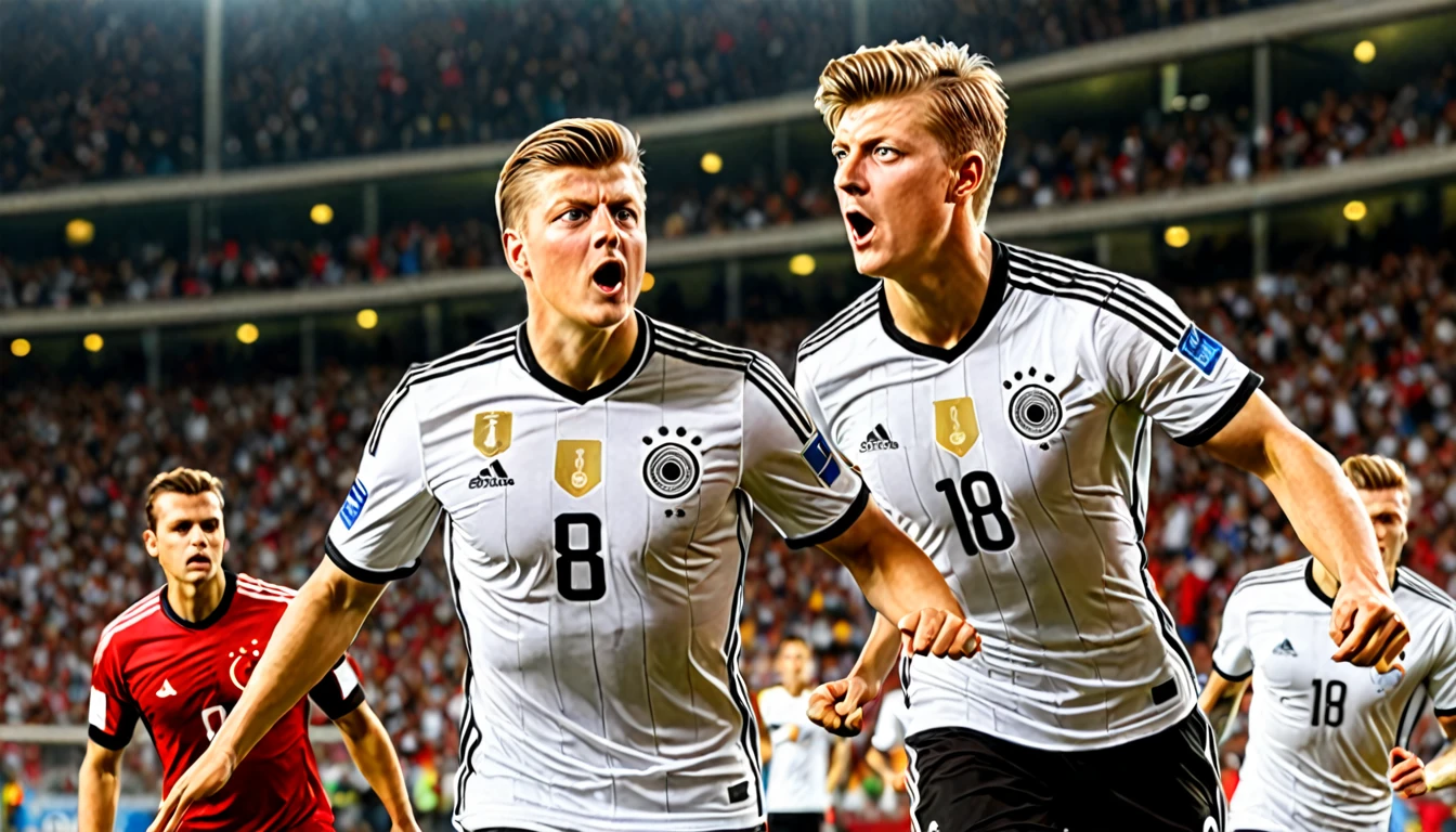 high quality, hyperdetailed, 3d, dynamic, dramatic lighting, highly detailed, photorealistic, 1 german male soccer team, soccer players, athletes, football, soccer, team, sports, sports uniforms, soccer jerseys, cleats, soccer ball, soccer field, stadium, crowds, cheering fans, flags, banners, action pose, muscular figures, sweat, motion blur, depth of field, germnan flag on jersey, (Toni Kroos, jersey nr. 8), ((shootinga penaltyl)), (Tony Kroos, wearing jerseynr. 8 is shooting a penalty into goal, :1.3), goalkeeper tries to fetch the ball