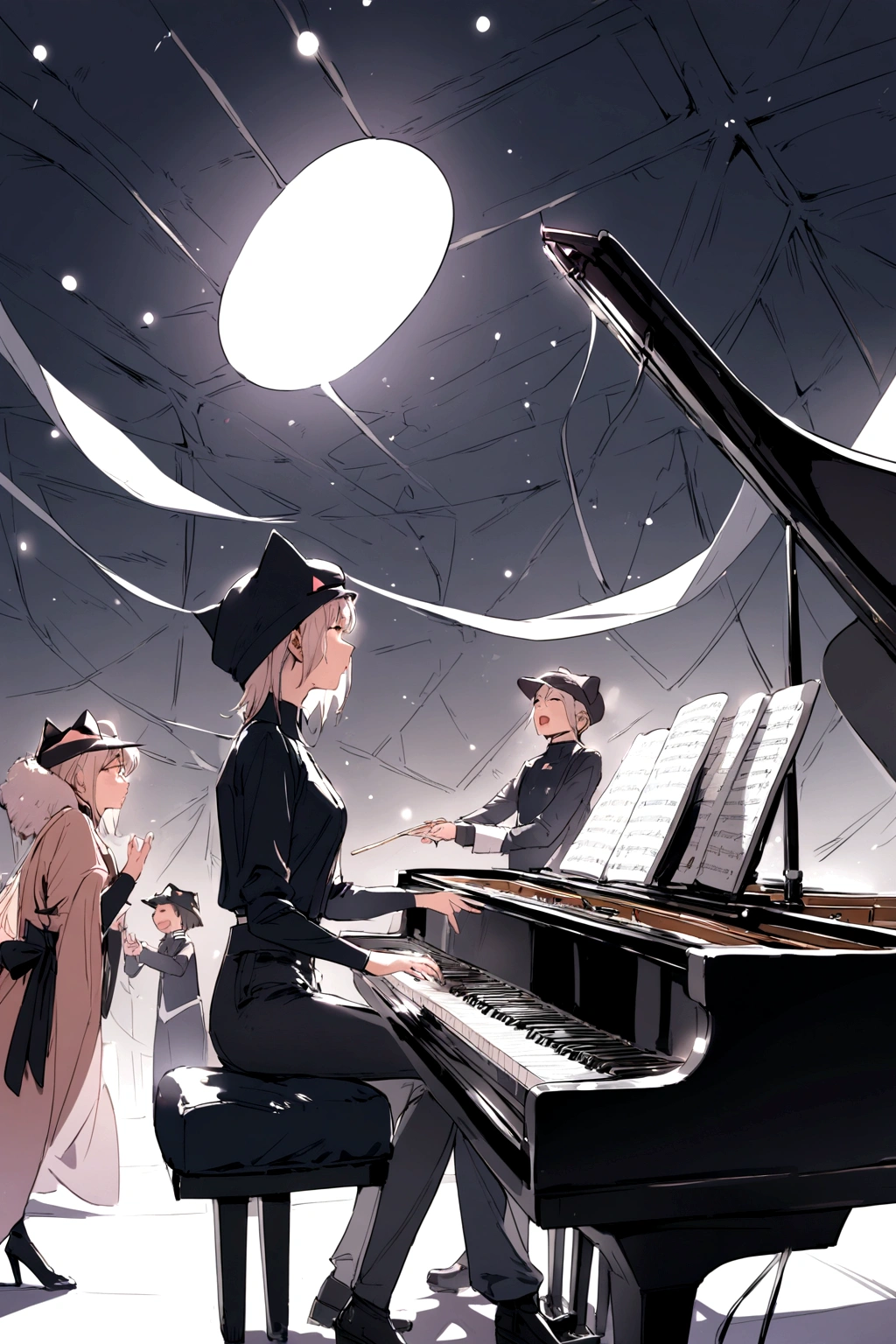 3 people wearing cat hats, one playing the piano, one singing, one playing the drums