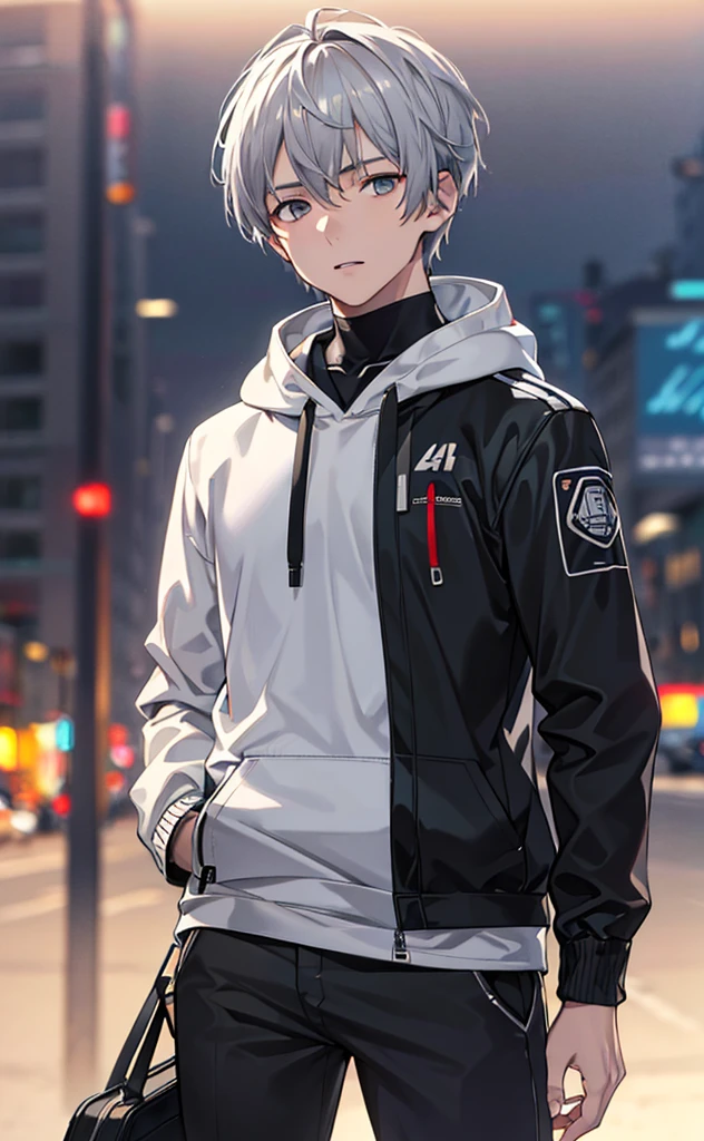 a young man with grey hair, wearing a grey hoodie, grey eyes, brown pants, in a futuristic, vibrant color palette, 1 person, (best quality,4k,8k,highres,masterpiece:1.2),ultra-detailed,(realistic,photorealistic,photo-realistic:1.37),HDR,UHD,studio lighting,ultra-fine painting,sharp focus,physically-based rendering,extreme detail description,professional,vivid colors,bokeh,portrait