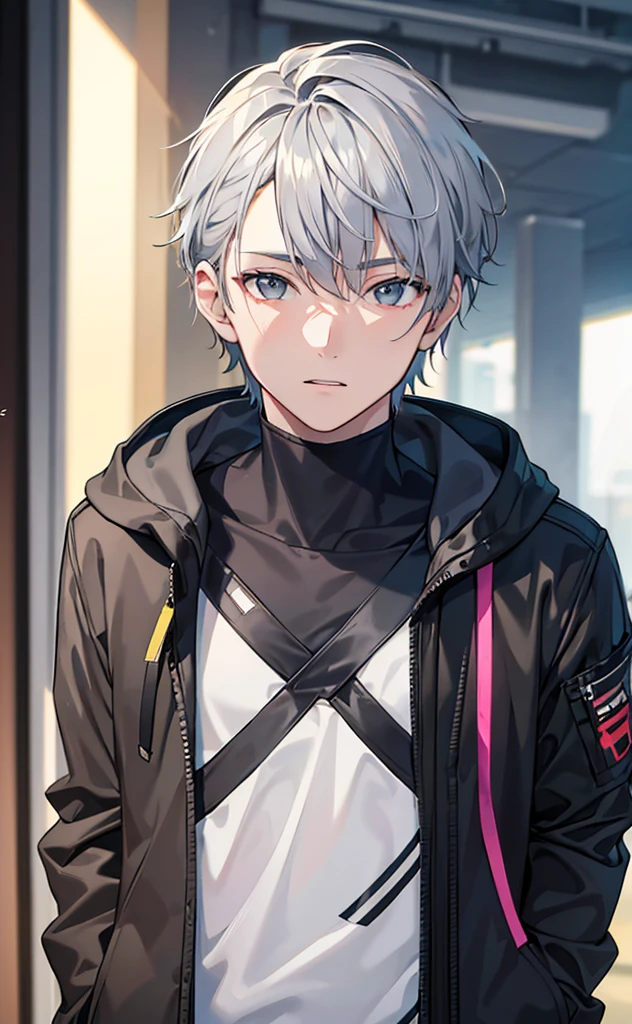 a young man with grey hair, wearing a grey hoodie, grey eyes, brown pants, in a futuristic, vibrant color palette, 1 person, (best quality,4k,8k,highres,masterpiece:1.2),ultra-detailed,(realistic,photorealistic,photo-realistic:1.37),HDR,UHD,studio lighting,ultra-fine painting,sharp focus,physically-based rendering,extreme detail description,professional,vivid colors,bokeh,portrait