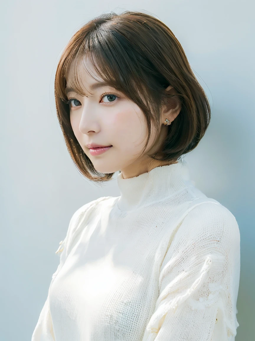 (Ultra-high resolution:1.5)(Very detailed:1.3) (super high quality) (super high quality:1.5) (Realistic photos:1.3) Japanese women、Loose Curly Hair、Photographed in front of a white wall、Age 35　((細かくてbeautiful顔:1.3)) ((Realistic skin texture:1.3)) ((Accurate, High quality eyes:1.3)) ((High density and high quality tip)) ((beautiful, Very white and clear skin:1.3)) ((beautifully groomed straight short bob hair))Perfect body　beautifulプロポーション　(Long sleeve dress)、beautiful high-definition image quality