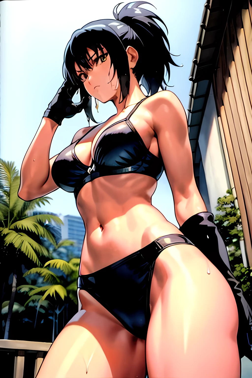 masterpiece, best quality, anime 1990s \(style\, leona heidern, fully black bra, thong ,jungle, pony tail, wet, serious, gloves , sleeveless 