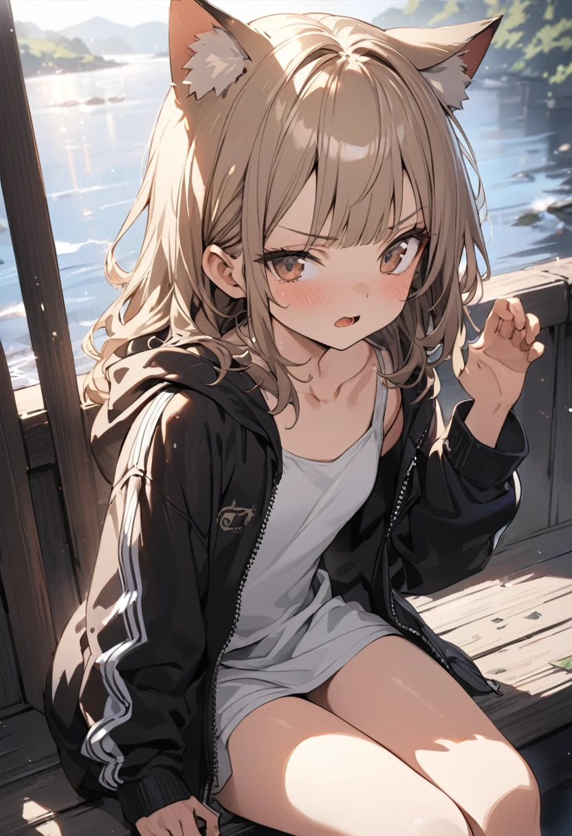 ((Masterpiece)), ((best quality)), (Anime:1.3), (super detail:1.2),(High Definition:1.3), (Professional Photography:1.2), (wide shot), (sharp focus), (perfect light), ((12 years old)), (morning), messy medium hair, Beautiful collarbone, (cute hoodie with zipper), white tanktop, (Healthy slim body), (loose blunt bangs), Slender body, glossy skin, (annoyed look), open mouth, ((Beautiful brown eyes)), Textured skin, (Cat ears), Pale brown hair, Cute Beautiful Girl, (slightly exposed small chest), BREAK, ((best quality)), ((Air-Quotes pose)), sitting on the riverside, (sharp focus), perfect hands, (perfect light),