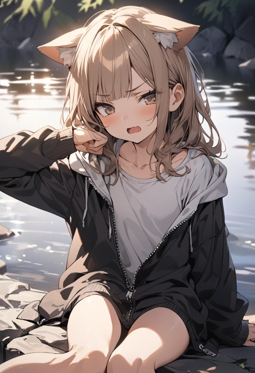 ((Masterpiece)), ((best quality)), (Anime:1.3), (super detail:1.2),(High Definition:1.3), (Professional Photography:1.2), (wide shot), (sharp focus), (perfect light), (()), (morning), messy medium hair, Beautiful collarbone, (cute hoodie with zipper), white tanktop, (Healthy slim body), (loose blunt bangs), Slender body, glossy skin, (annoyed look), open mouth, ((Beautiful brown eyes)), Textured skin, (Cat ears), Pale brown hair, Cute Beautiful Girl, (slightly exposed small chest), BREAK, ((best quality)), ((Air-Quotes pose)), sitting on the riverside, (sharp focus), perfect hands, (perfect light),
