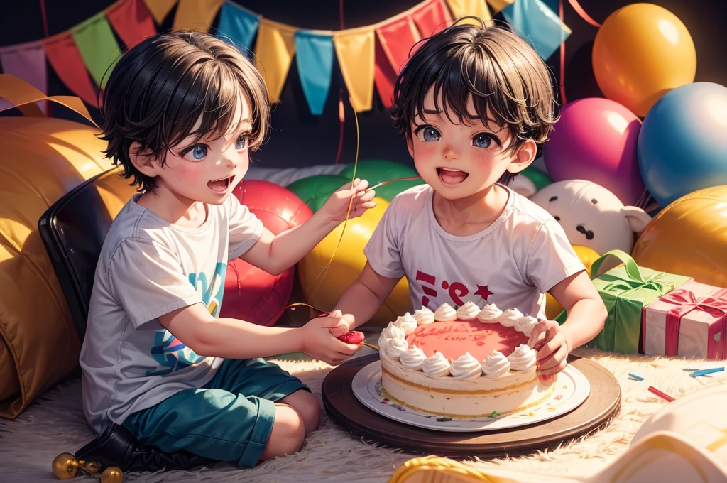 Description of a photo of a boy child celebrating his second birthday, Imagine a bright morning filled with joy and cheer, You find yourself in a beautiful garden decorated with colorful balloons and bright decorations, You see a beautifully decorated table filled with colorful cakes and sweets, see the little boy celebrating his second birthday, Dressed in a colorful and cheerful outfit, the baby looks happy and excited for this special occasion, You watch the child laugh and enjoy having friends and family around, He sits on a small chair and tries to blow out the candles on a delicious birthday cake,Rose, He wishes the child with all strength and happiness and everyone starts clapping and cheering full of joy, You feel so warm and happy watching this special moment, You see other children playing, laughing and enjoying toys and gifts, Laughter and joy fill the air, and you feel the happiness and joy of this little boy who is celebrating his second birthday, This is a photo of a child celebrating his second birthday, surrounded by friends, family and joy, The feels happy and joyful and enjoys gifts, sweets and special moments, ((the color of the cake is green)), (the has a beige skin color), ((black eyes)), (2 years old), (2nd birthday party), balloon number 2, ((child boy)), ((baby boy)), 8K, high quilty, realistic, beautiful realistic, Cool details, raw photo, realistic clothing, realistic hair, Light and cool lighting, photo realistic, Cel shaded, Gel lighting, Ultra Details, realistic eyes