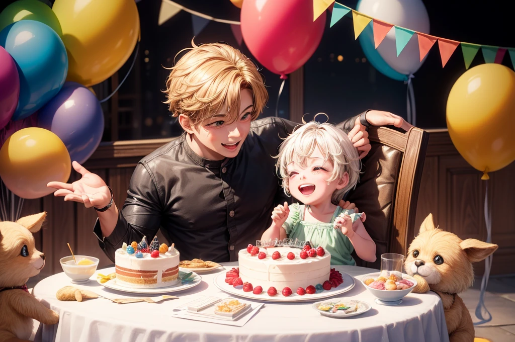 Description of a photo of a boy child celebrating his second birthday, Imagine a bright morning filled with joy and cheer, You find yourself in a beautiful garden decorated with colorful balloons and bright decorations, You see a beautifully decorated table filled with colorful cakes and sweets, see the little boy celebrating his second birthday, Dressed in a colorful and cheerful outfit, the baby looks happy and excited for this special occasion, You watch the child laugh and enjoy having friends and family around, He sits on a small chair and tries to blow out the candles on a delicious birthday cake,Rose, He wishes the child with all strength and happiness and everyone starts clapping and cheering full of joy, You feel so warm and happy watching this special moment, You see other children playing, laughing and enjoying toys and gifts, Laughter and joy fill the air, and you feel the happiness and joy of this little boy who is celebrating his second birthday, This is a photo of a child celebrating his second birthday, surrounded by friends, family and joy, The feels happy and joyful and enjoys gifts, sweets and special moments, ((the color of the cake is green)), (the has a beige skin color), ((black eyes)), (2 years old), (2nd birthday party), balloon number 2, ((child boy)), ((baby boy)), 8K, high quilty, realistic, beautiful realistic, Cool details, raw photo, realistic clothing, realistic hair, Light and cool lighting, photo realistic, Cel shaded, Gel lighting, Ultra Details, realistic eyes
