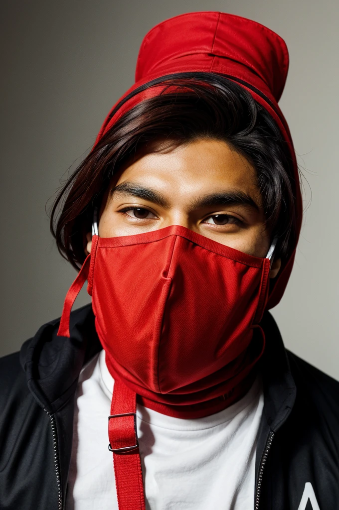 A rapper artist with unusual mask on face straight pic and background red mix organge Colour
