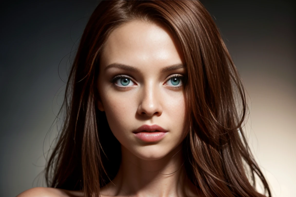 Professional photo of a beautiful young woman., beautiful face, green eyes, glamorous makeup, parts, long red hair, Skinny body, big breasts, black bra, simple black background, eye contact, looking at the viewer, Masterpiece, Best Quality, perfect detail, Perfect face detail, Perfect eye detail, perfect leather detail, depth of field, perfect lighting