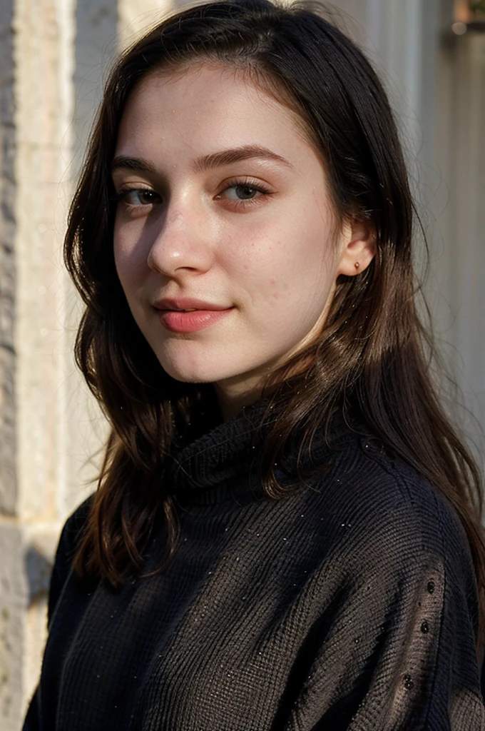 instagram photo, closeup face photo of 22 y.o woman in black sweater, pale skin, (smile:0.4), hard shadows, 