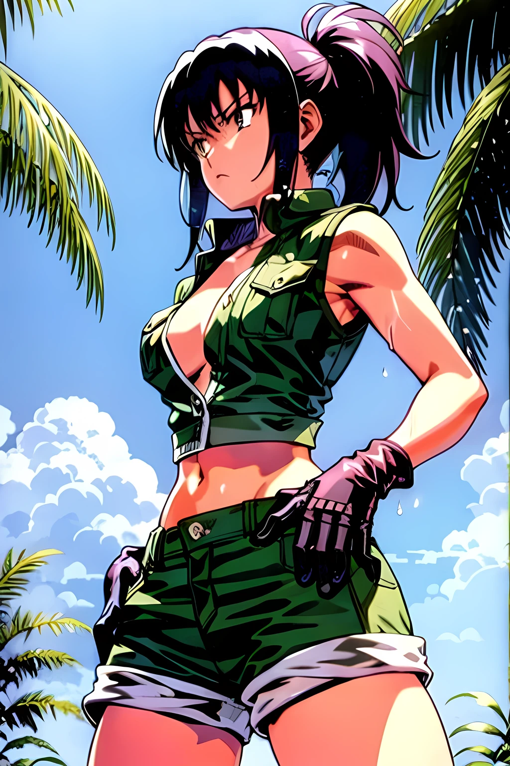 masterpiece, best quality, anime 1990s \(style\, leona heidern, naked, fully open vest, shorts, jungle, pony tail, wet, serious, gloves, sleeveless 