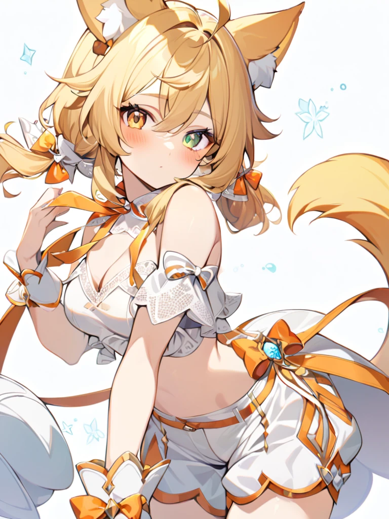 1girl, animal ears, bangs, bare shoulders, blonde hair, blush, bow, breasts, white cleavage, cropped torso, , green eyes, hair ribbon, heterochromia, stlooking at viewer, , orange bow, orange eyes, orange ribbon, ears like an unearthly animal, fluffy tail, light tail, real tail, ribbon, solo, stuffed animal, stuffed bunny, stuffed toy, twintails, upper body, full-length, white legbands, white shoes with lace and white bows, white background, wrist cuffs, yellow eyes, bloomers, close-up, fair skin frills, lace, midriff, skirt, solo, , white background,shorts, white top with ribbon and lace and trousers,trousers, genshin,white slippers with a bow,All clothes are white, laceAt full height, it stands, в полный рост